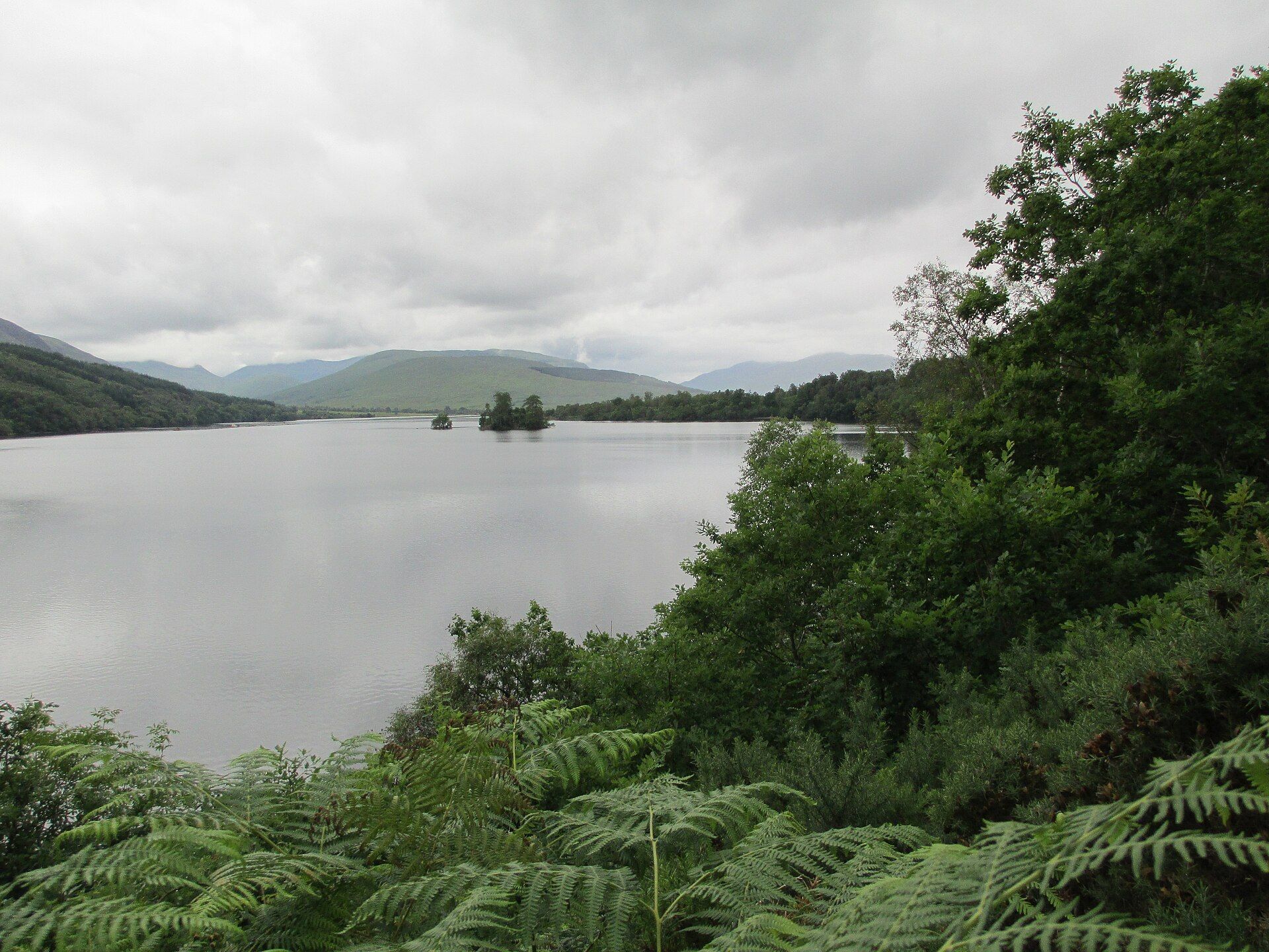 Loch Arkaig, a long Highland freshwater loch fringed by trees and bracken.