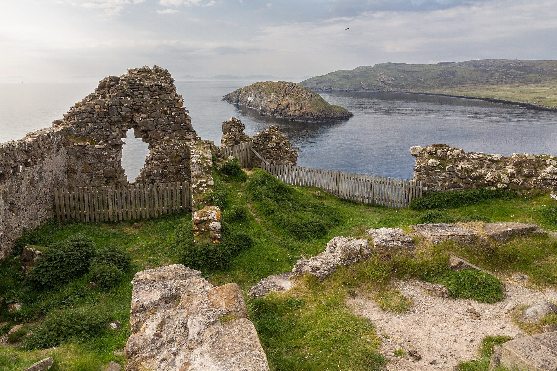 The ruined Duntulm Castle on a clifftop above the sea, northern Skye.