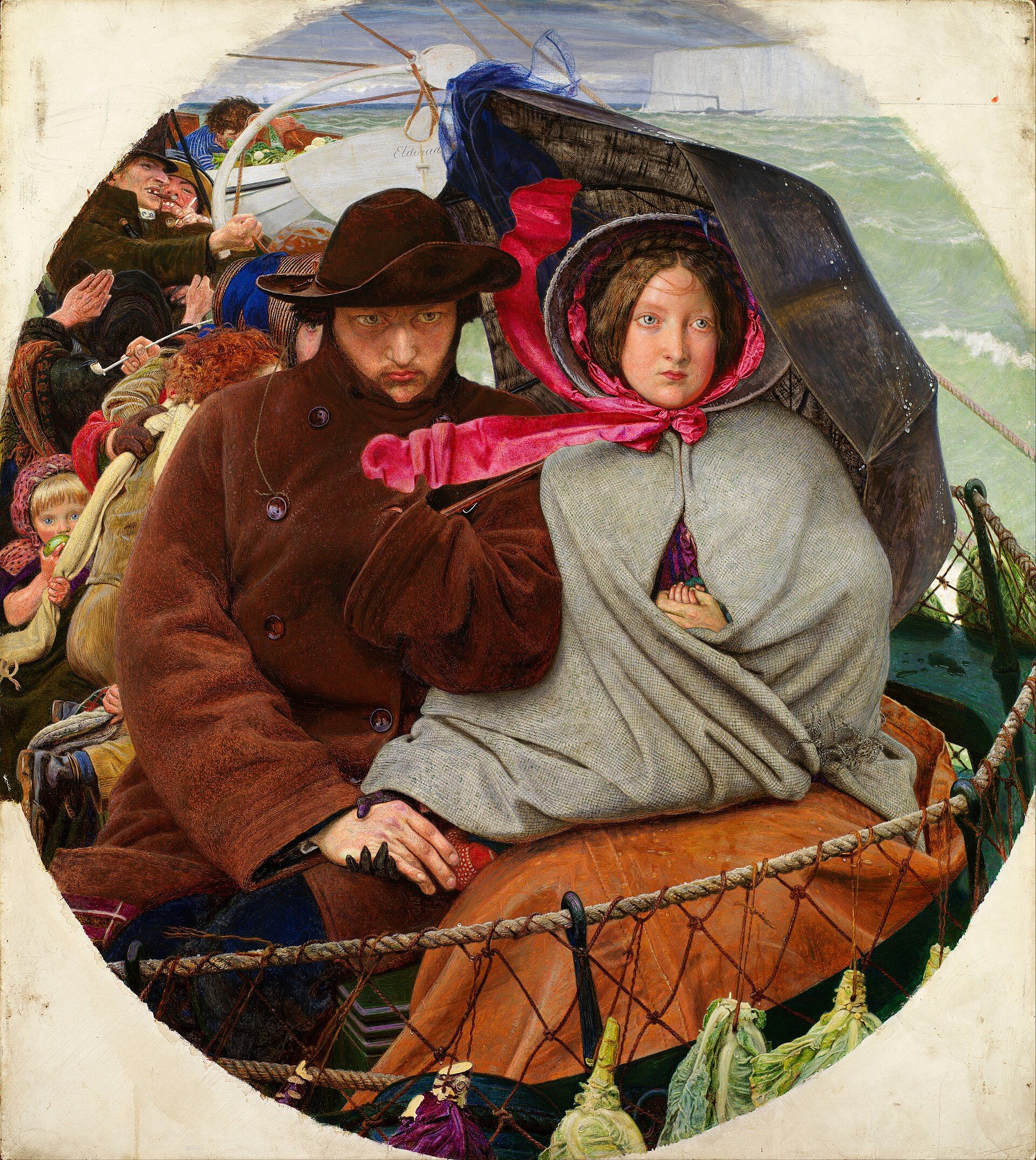 Ford Madox Brown's 1855 painting 'The Last of England': an emigrant couple on a crowded ship's deck, the white cliffs of Dover behind them.