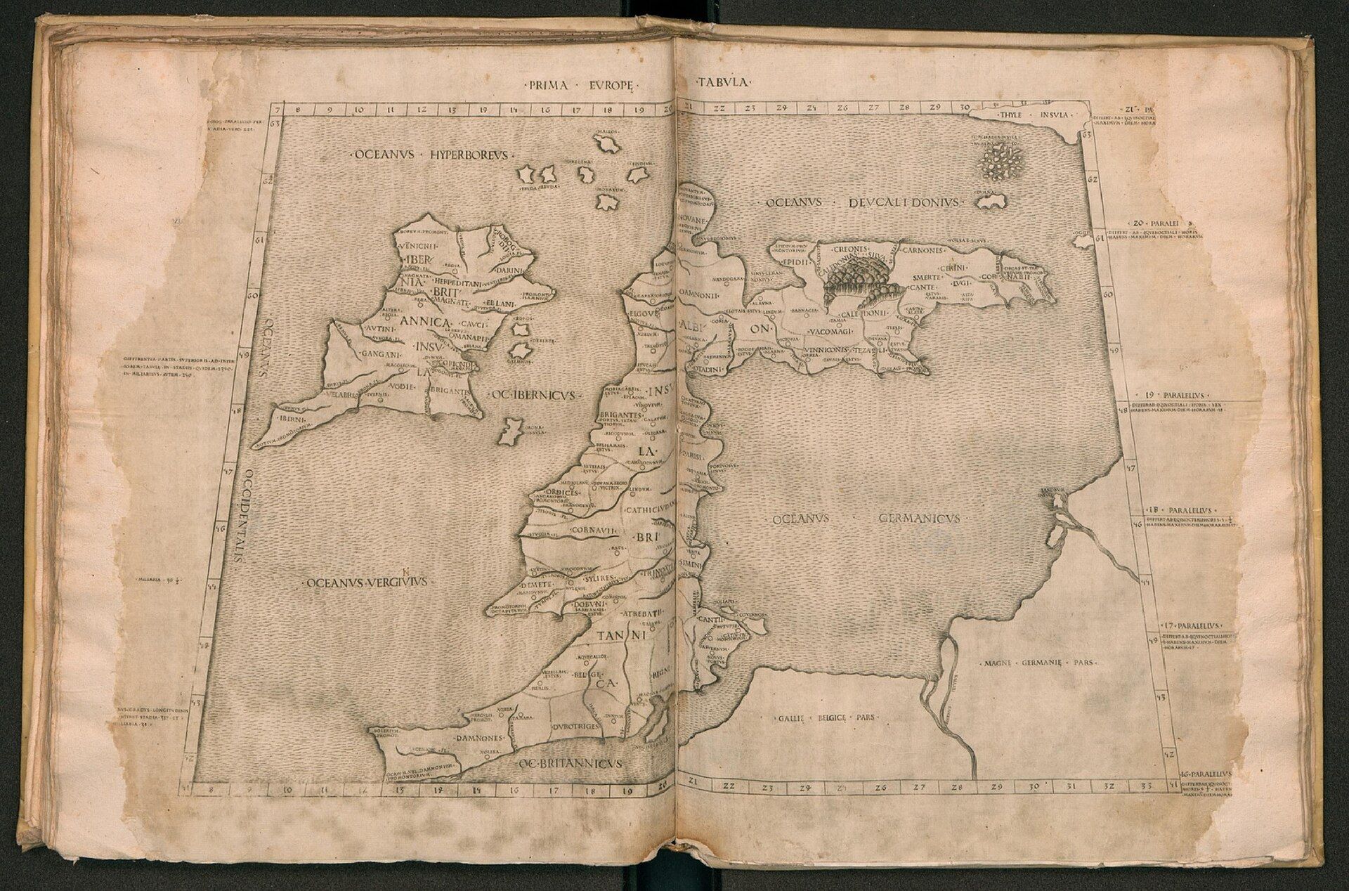 A 1478 printed edition of Ptolemy's map of Britain and Ireland, with Latin names of peoples and places across the two islands.