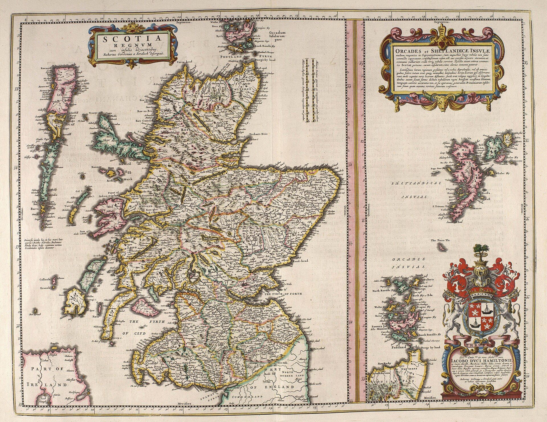 Joan Blaeu's 1654 map 'Scotia Regnum': a hand-coloured map of the Kingdom of Scotland with the Highlands, Hebrides, Orkney and Shetland.